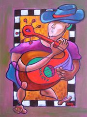 Musical art/guitar/Billy Bob/bluehat/abstract/guitar/purple/red/green/theheardgallery.com