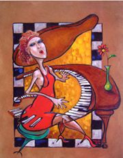 Musical art/Rhonda red dress/musical art/ abstract/piano/checker board border/theheardgallery.com