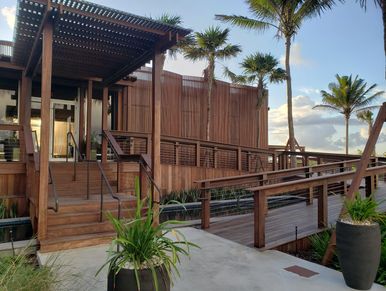 Condo sales center covered in Ipe at Solemar in Pompano Beach