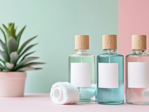 Three glass bottles with wooden caps and white labels.