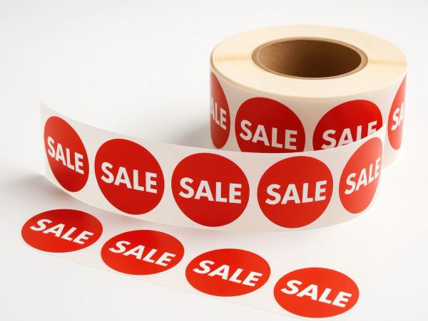 Roll of red sale stickers.