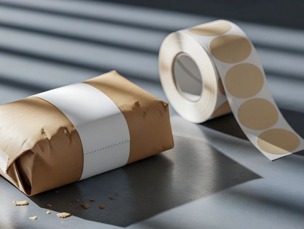 Brown wrapped package with blank white label and roll of round stickers.