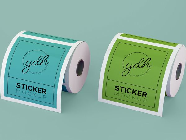 Two rolls of sticker mockups in blue and green.