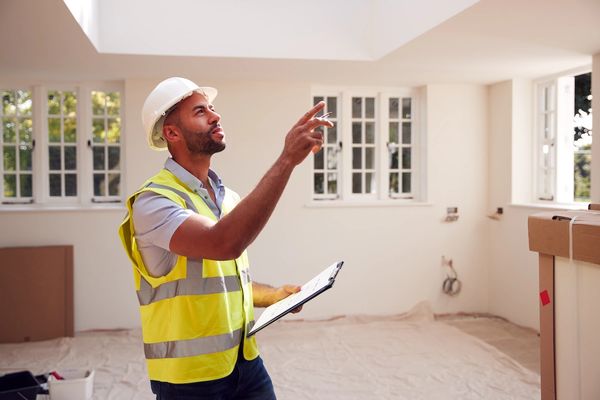 Construction worker inspecting a room with a clipboard and pointing upwards.