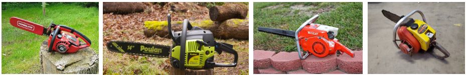Four different chainsaws placed outdoors on various surfaces.