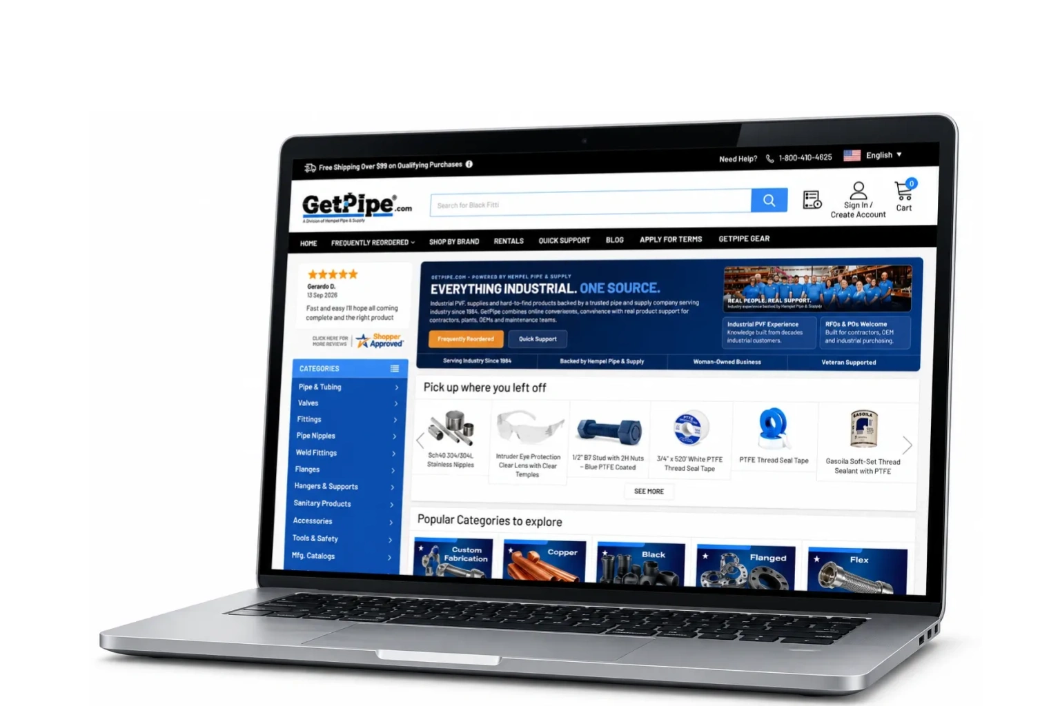 Laptop showing GetPipe industrial supply website.