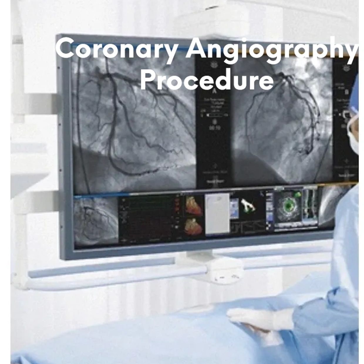 Coronary angiography being performed in cardiac cath lab 