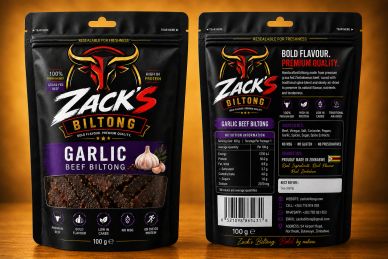 Package of Zack's Garlic Beef Biltong shown front and back.