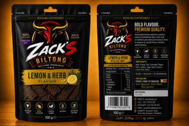 Zacks Biltong Lemon & Herb flavor packaging.