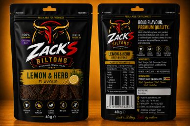 Front and back of Zack's Biltong Lemon & Herb flavor packaging.