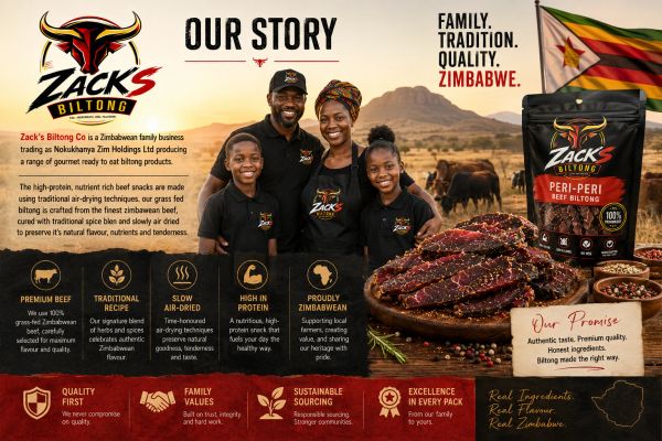 Family-run Zimbabwean business making high-protein Zambezi biltong with traditional methods.