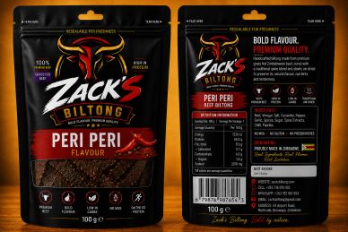 Package of Zack's Biltong Peri Peri flavour beef snack.
