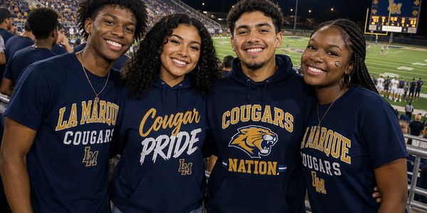 Four friends smiling in La Marque Cougars attire at a stadium.