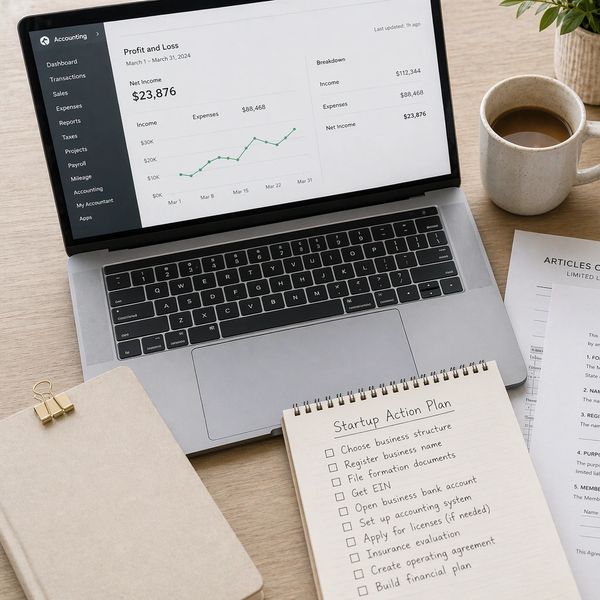 Workspace with laptop showing profit and loss, startup action plan, and business documents.