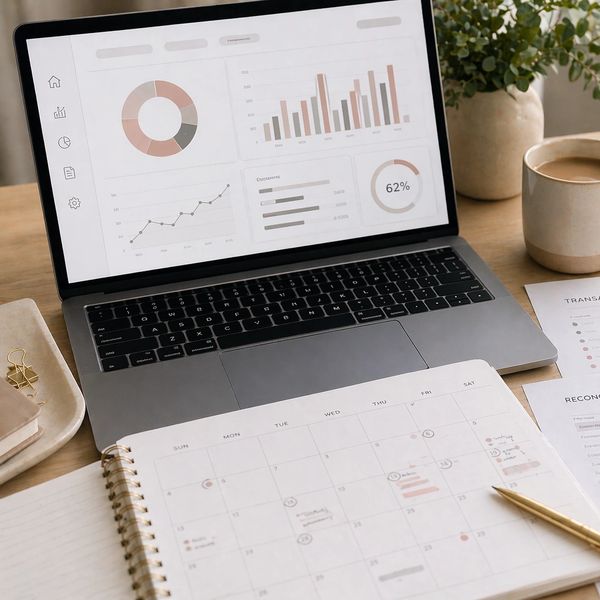 Workspace with laptop showing charts, calendar, coffee, and documents on a wooden desk.