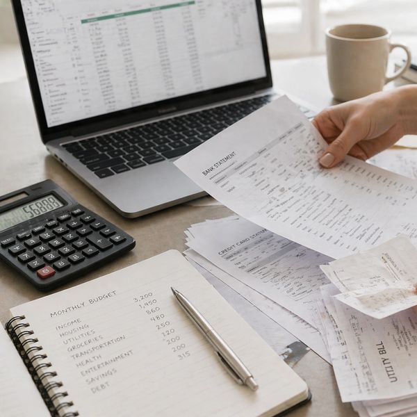 Person organizing monthly budget papers with laptop, calculator, and receipts.