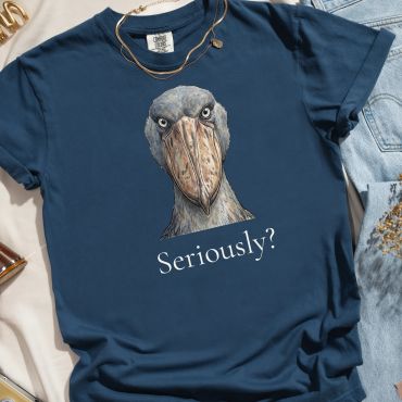 Blue t-shirt with bird and "Seriously?" text