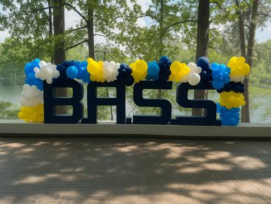 Balloon garland draped over coporate logo at outdoor grand opening event in Birmingham AL.