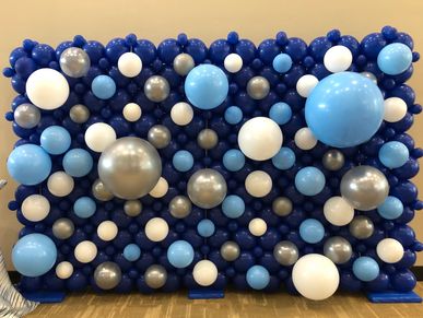 8'x10' blue and white balloon wall for photo backdrop for event in Birmingham AL.