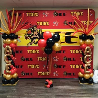 Balloon Columns with custom lettering next to step and repeat signage in Ace Cheer Birmihgham AL.