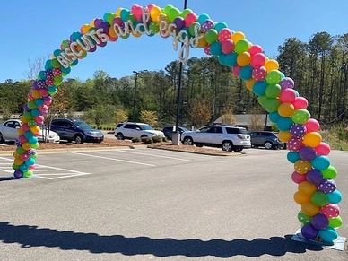 35' Outdoor Balloon Arch with silver lettering in Vestavia Hills