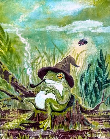A frog wearing a witch hat and smoking a pipe in a mystical swamp.