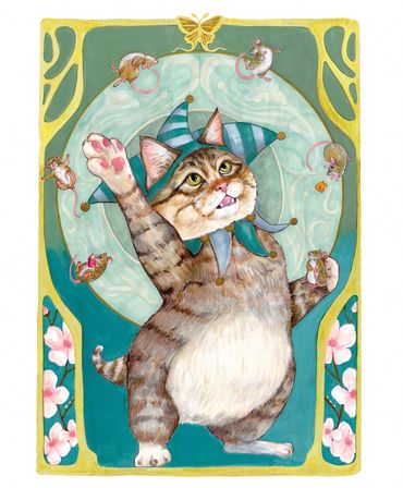 Cat wearing a jester hat juggling mice.