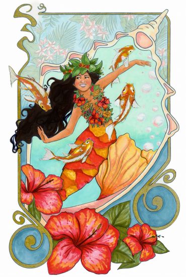 A colorful mermaid surrounded by koi fish and vibrant hibiscus flowers.
