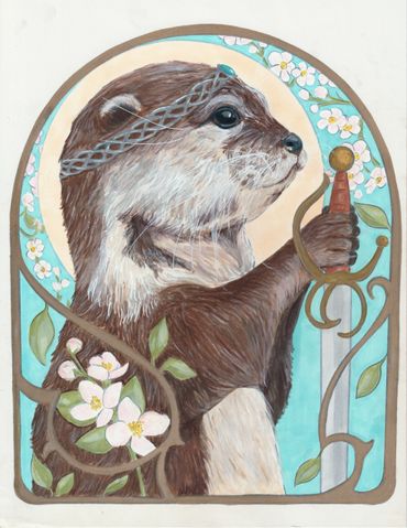 Otter holding a sword in a floral Art Nouveau style frame.