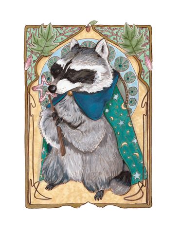Illustration of a raccoon wizard holding a star-shaped wand with a magical cloak.