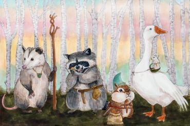 Illustration of woodland animals dressed as adventurers in a birch forest.