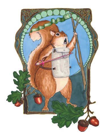 A heroic squirrel with a sword, shield, and banner stands ready for battle.