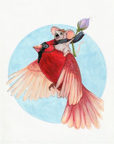 A brave mouse rides a red cardinal, holding a flower like a lance.