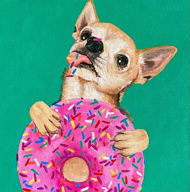 A dog licking a large pink sprinkled donut.