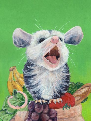 Painting of a wide-mouthed opossum surrounded by fruits and vegetables on a green background.