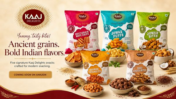 Kaaj Delights snacks made from ancient grains with bold Indian flavors.