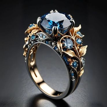Ornate ring with blue gemstones and gold leaf designs.