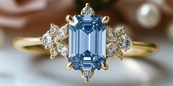 Elegant gold ring with a large blue gemstone and diamonds.