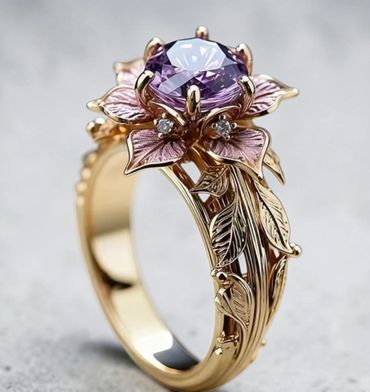 Gold ring with purple gemstone and leaf design.