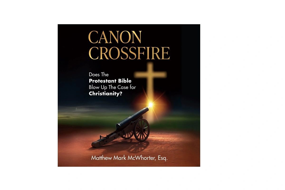 Book cover of 'Canon Crossfire' questioning the Protestant Bible's impact on Christianity.