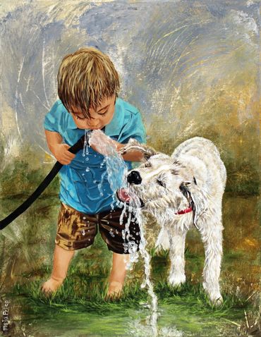 Boy and puppy drinking from a hose painting