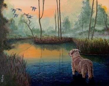Chesapeake Bay Retriever Dog watching ducks flying painting