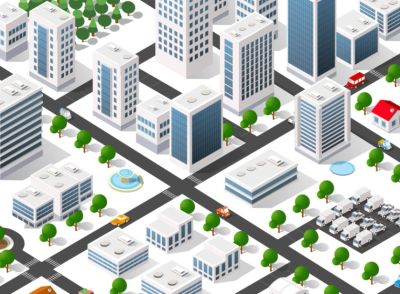 Isometric cityscape with buildings, roads, and trees.