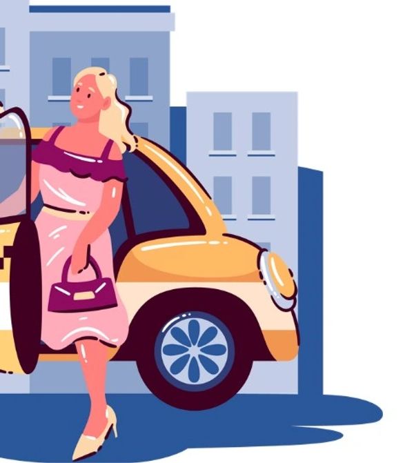 Woman stepping out of a yellow car in a city setting.