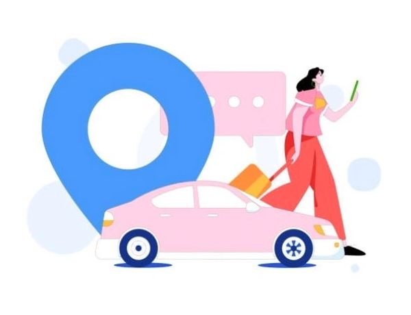 Woman walking with luggage near a car and location pin.