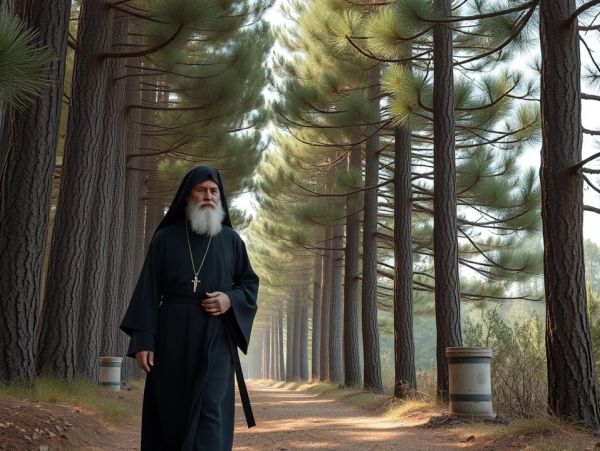 Monk walking on a pine tree path.