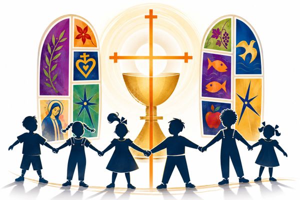 Children holding hands in front of a glowing chalice and cross with colorful stained glass windows.