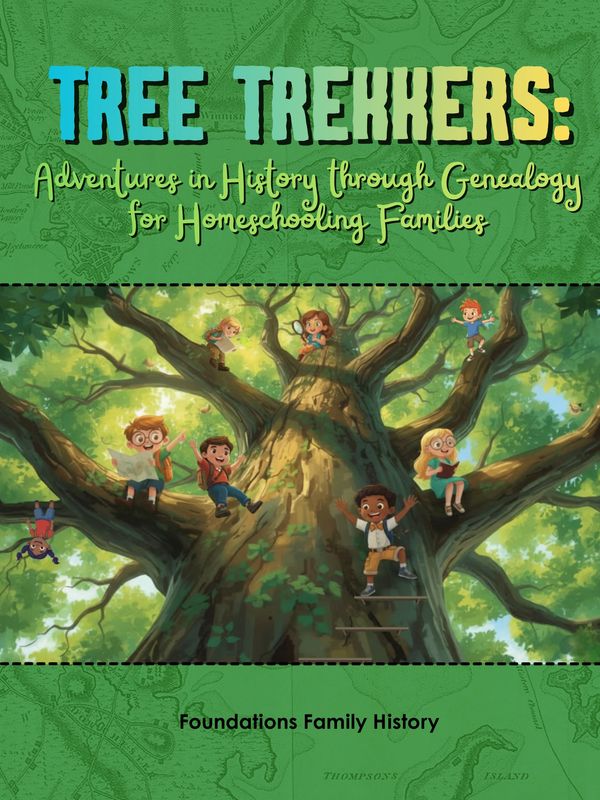 Children exploring a giant tree, symbolizing genealogy adventures for homeschooling families.