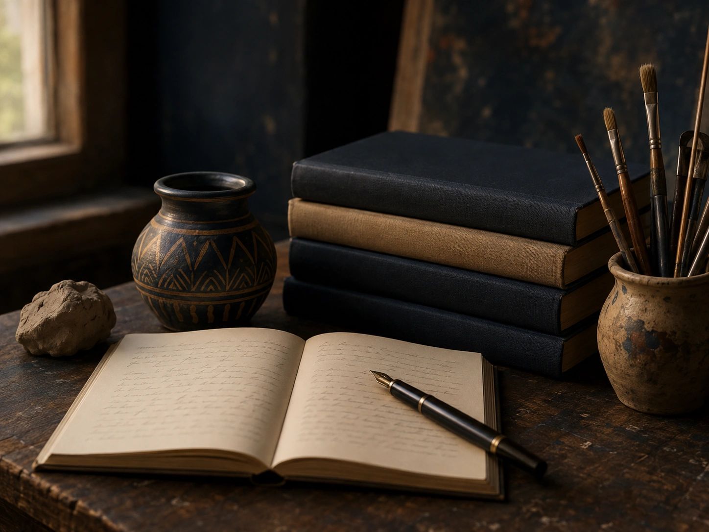 Books, pottery, paintbrushes, clay and a writer’s notebook in the ISOS studio.