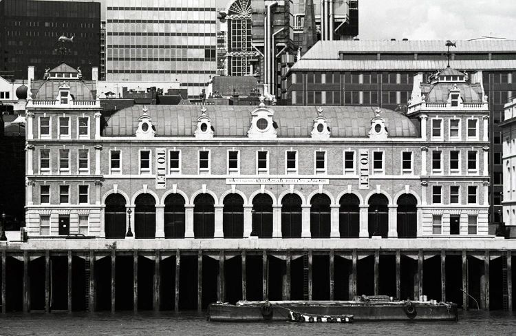 Billingsgate Market, London's original fish market, seen from the south bank of the Thames